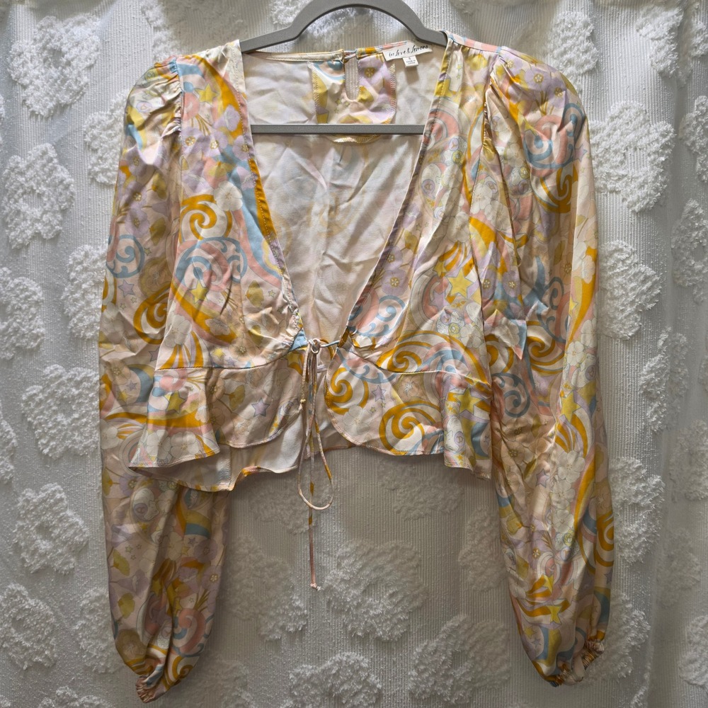 For Love & Lemons Pastel Psychedelic Floral Tie Front Crop Top Blouse Small
